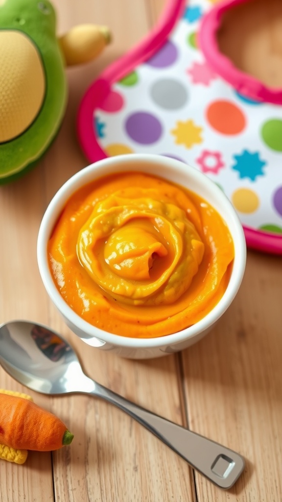 Creamy sweet potato and avocado puree for baby in a bowl with a spoon on a colorful background.